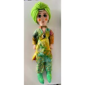 Handmade Boho Folk Art Indian Green Yin Yang Embroidered Yarn Hair Cloth Doll